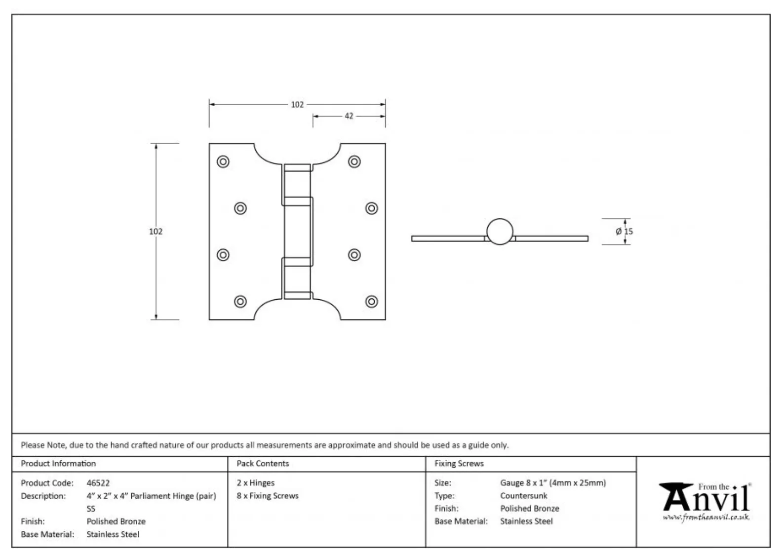 Pair From The Anvil Polished Bronze 4x2x4" Parliament Hinge | 46522 5 Pair From The Anvil Polished Bronze 4x2x4" Parliament Hinge | 46522 - Image 3