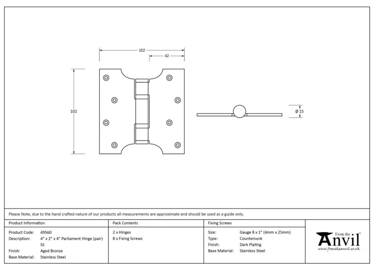 Pair From The Anvil Aged Bronze 4x2x4" Parliament Hinge | 49560 5 Pair From The Anvil Aged Bronze 4x2x4" Parliament Hinge | 49560 - Image 3