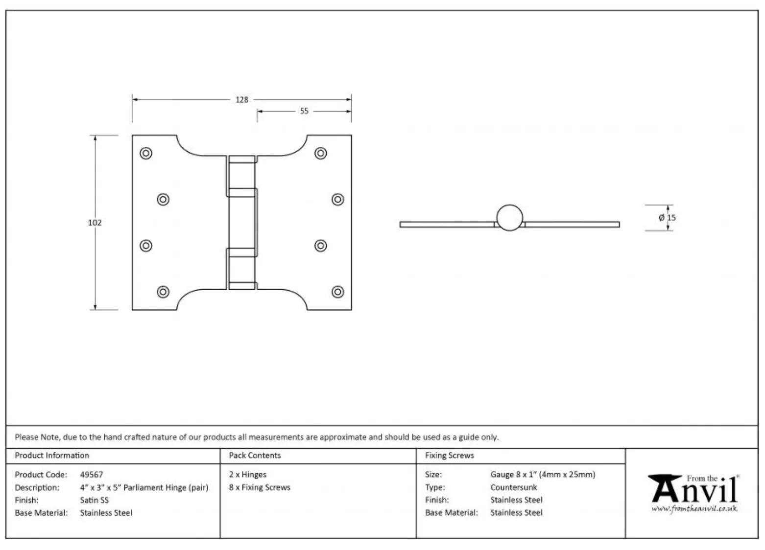 Pair From The Anvil Satin Stainless Steel 4x3x5" Parliament Hinge | 49567 5 Pair From The Anvil Satin Stainless Steel 4x3x5" Parliament Hinge | 49567 - Image 3