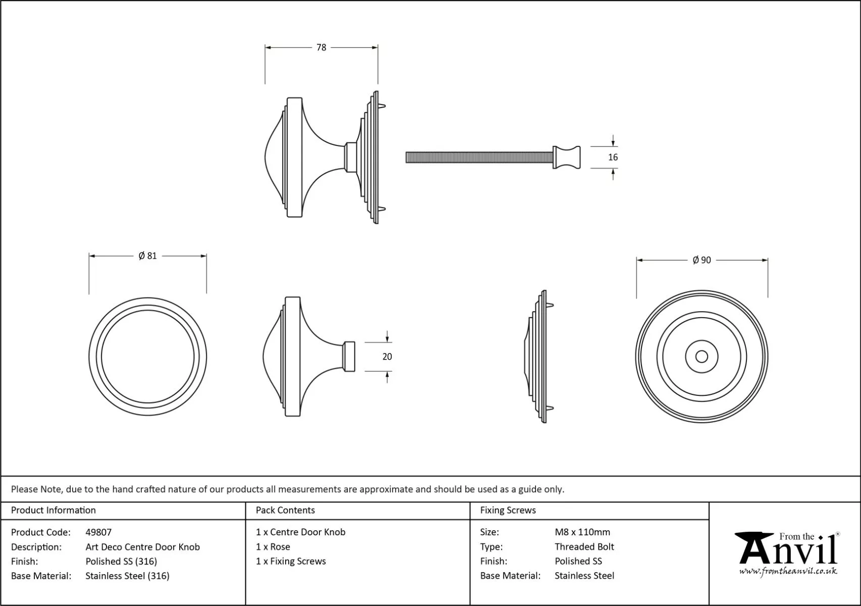 Polished Marine SS (316) Art Deco Centre Door Knob | 49807 7 Polished Marine SS (316) Art Deco Centre Door Knob | 49807 - Image 5