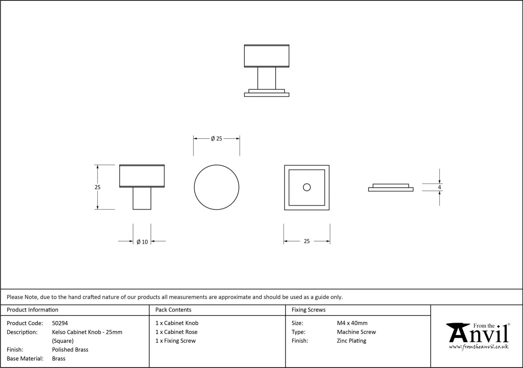 Anvil Polished Brass Kelso 25mm Cabinet Knob (Square) | 50294 8 Anvil Polished Brass Kelso 25mm Cabinet Knob (Square) | 50294 - Image 6