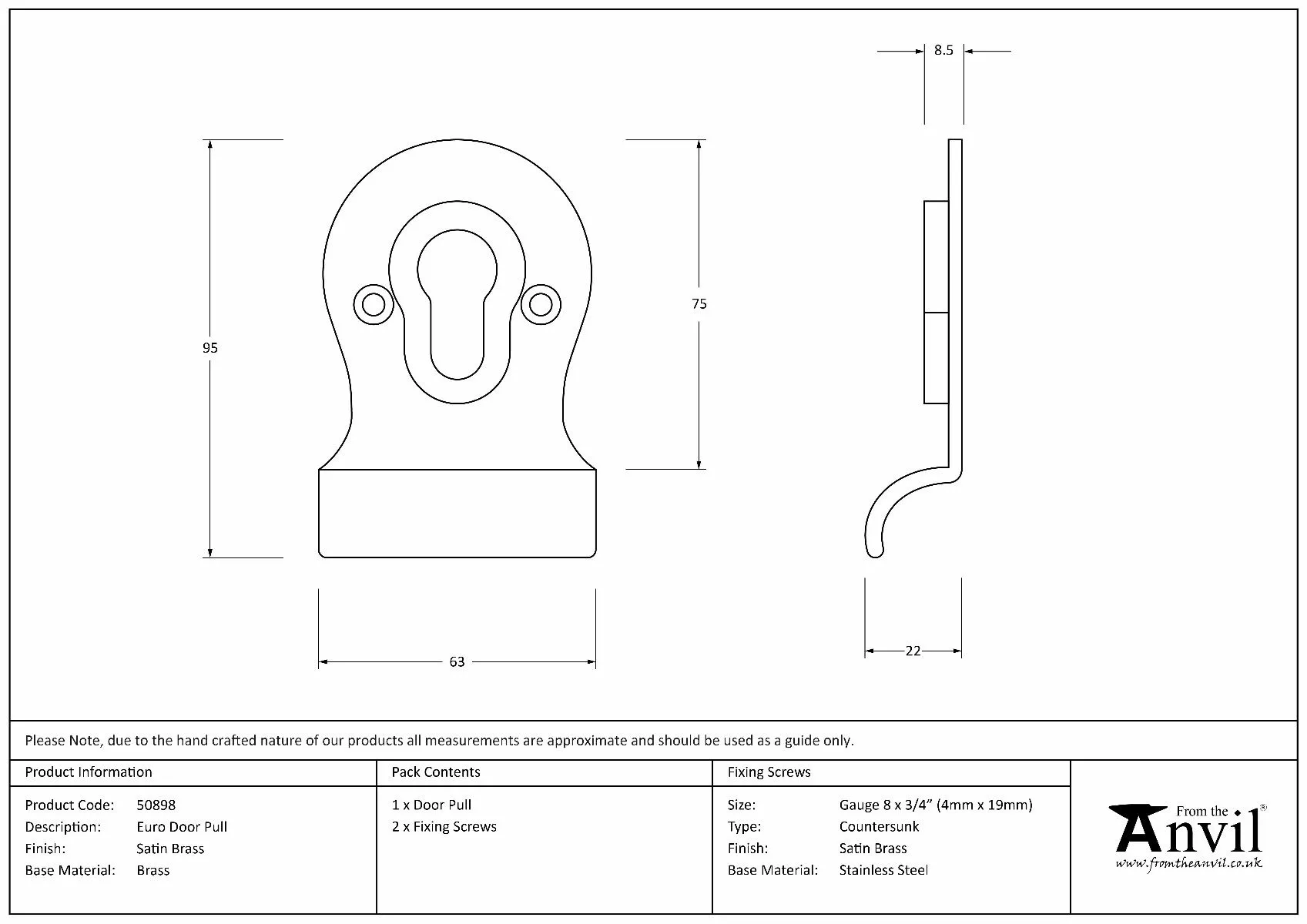From The Anvil Satin Brass Euro Door Pull | 50898 6 From The Anvil Satin Brass Euro Door Pull | 50898 - Image 4