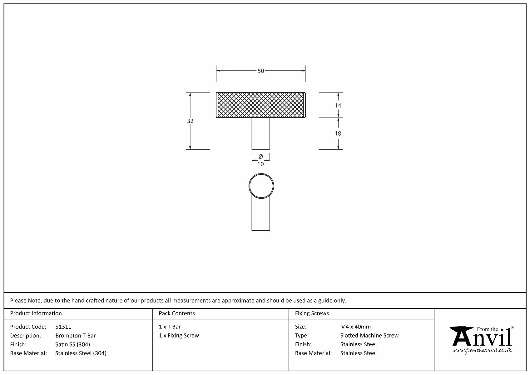 Anvil Satin SS (304) Brompton T-Bar Knob | 51311 7 Anvil Satin SS (304) Brompton T-Bar Knob | 51311 - Image 5