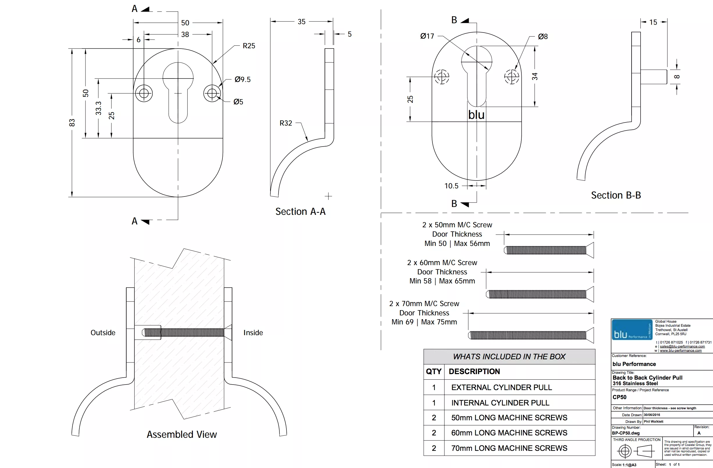 Polished Stainless Steel Marine Grade 316 Back To Back Euro Cylinder Pull | CP50 4 Polished Stainless Steel Marine Grade 316 Back To Back Euro Cylinder Pull | CP50 - Image 2
