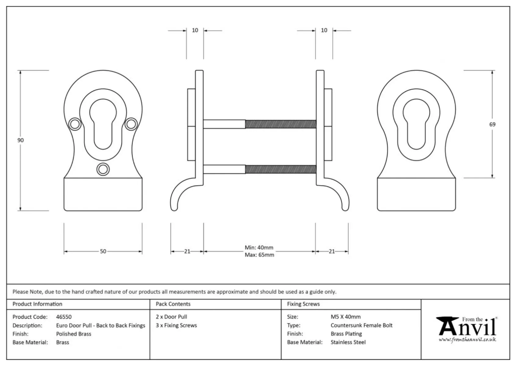 From The Anvil Polished Brass Back To Back Euro Cylinder Pull | 46550 5 From The Anvil Polished Brass Back To Back Euro Cylinder Pull | 46550 - Image 3