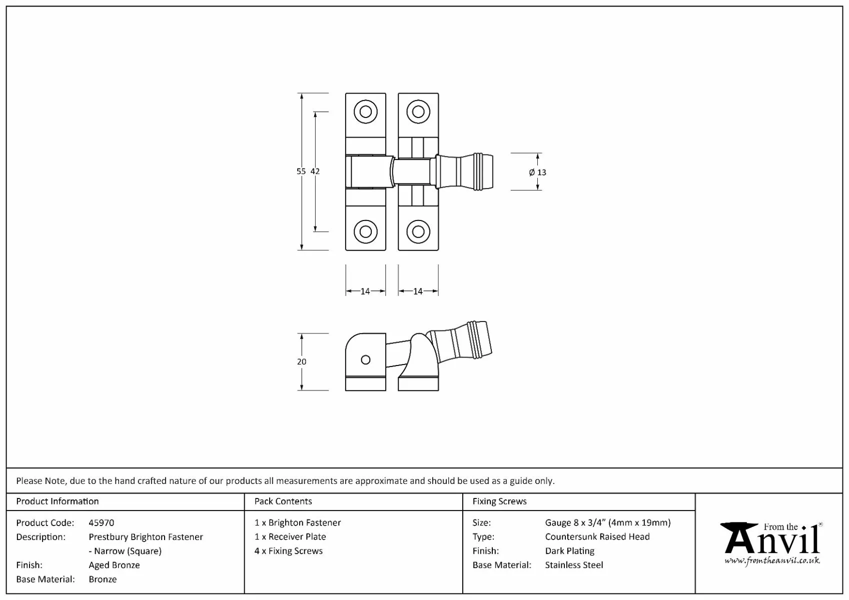 Aged Bronze Prestbury Brighton Fastener - Narrow (Square) | 45970 3 Aged Bronze Prestbury Brighton Fastener - Narrow (Square) | 45970