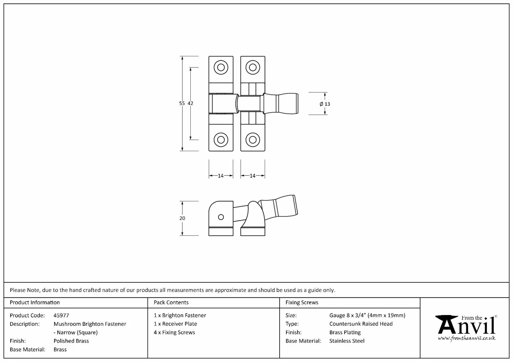 Polished Brass Mushroom Brighton Fastener - Narrow (Square) | 45977 3 Polished Brass Mushroom Brighton Fastener - Narrow (Square) | 45977