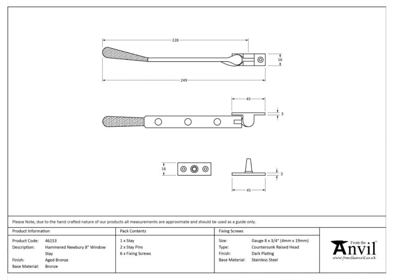 Anvil (8"") Aged Bronze Hammered Newbury Casement Window Stay | 46153 5 Anvil (8"") Aged Bronze Hammered Newbury Casement Window Stay | 46153 - Image 3