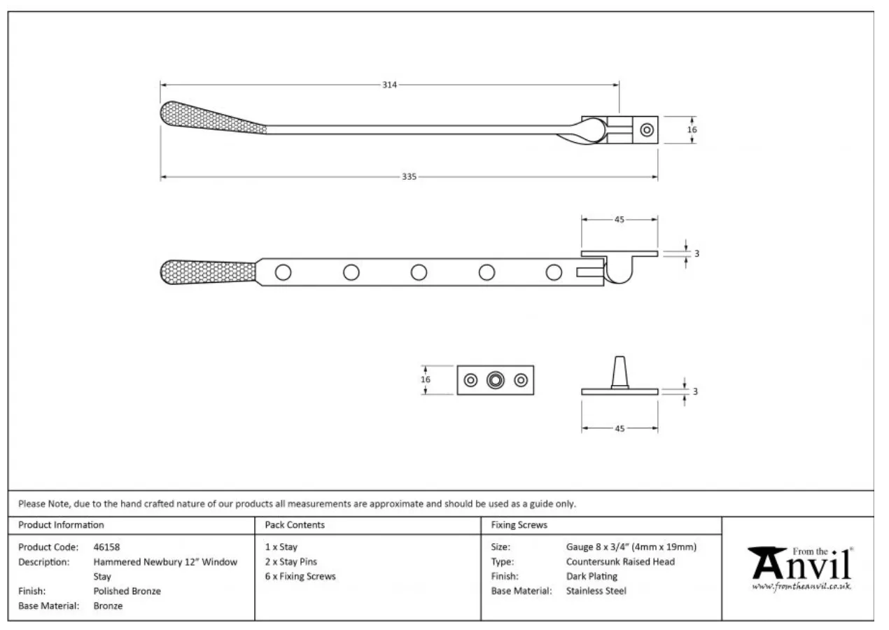Anvil (12"") Polished Bronze Hammered Newbury Casement Window Stay | 46158 8 Anvil (12"") Polished Bronze Hammered Newbury Casement Window Stay | 46158 - Image 6