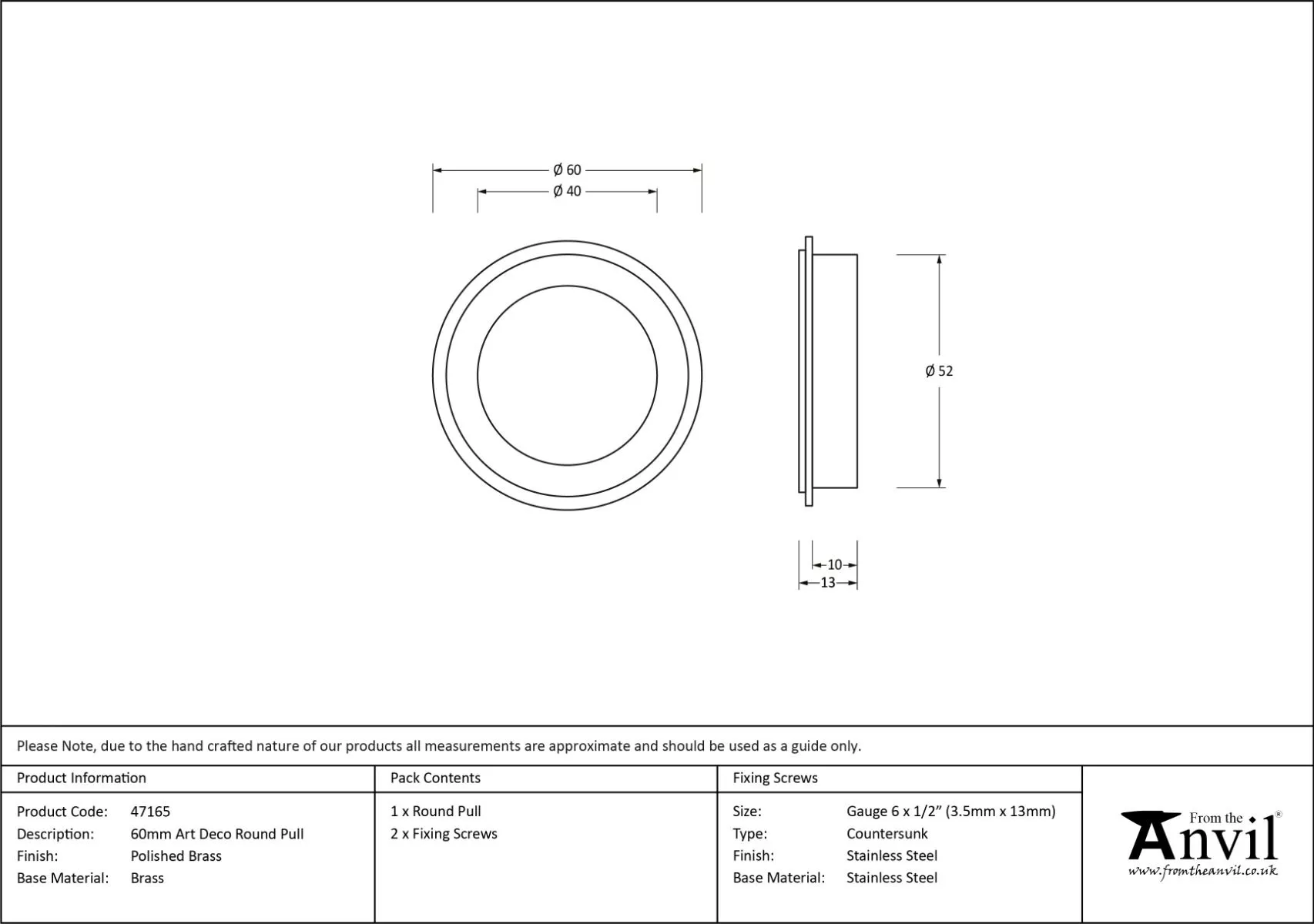 Polished Brass 60mm Art Deco Round Flush Pull Handle | 47165 4 Polished Brass 60mm Art Deco Round Flush Pull Handle | 47165 - Image 2