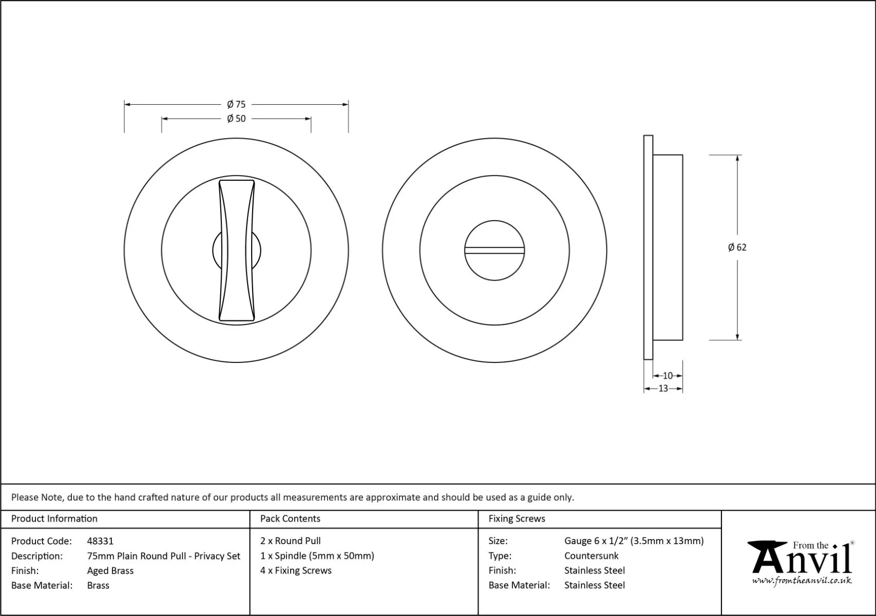 Aged Brass 75mm Plain Round Flush Pull Handle - Privacy | 48331 6 Aged Brass 75mm Plain Round Flush Pull Handle - Privacy | 48331 - Image 4