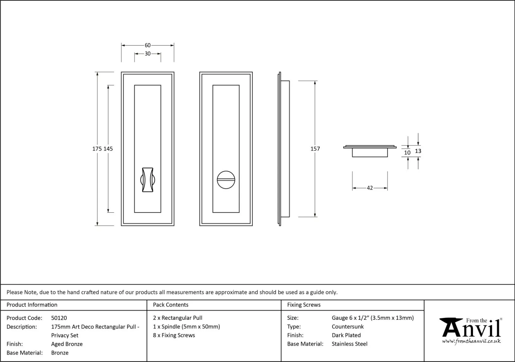 Aged Bronze 175mm Art Deco Rectangular Flush Pull - Privacy | 50120 5 Aged Bronze 175mm Art Deco Rectangular Flush Pull - Privacy | 50120 - Image 3