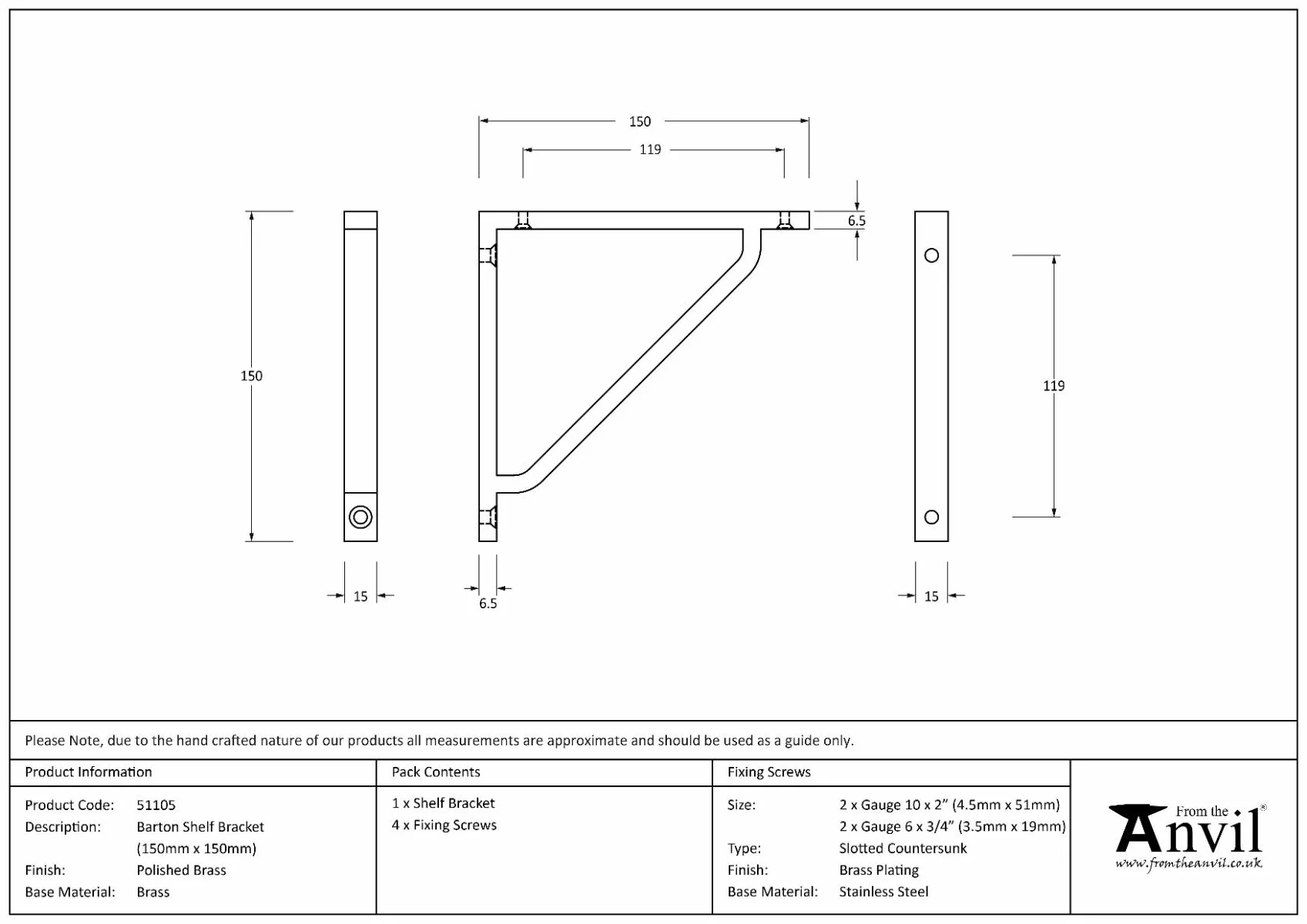 Anvil Polished Brass 150 X 150mm Barton Shelf Bracket| 51105 5 Anvil Polished Brass 150 X 150mm Barton Shelf Bracket| 51105 - Image 3