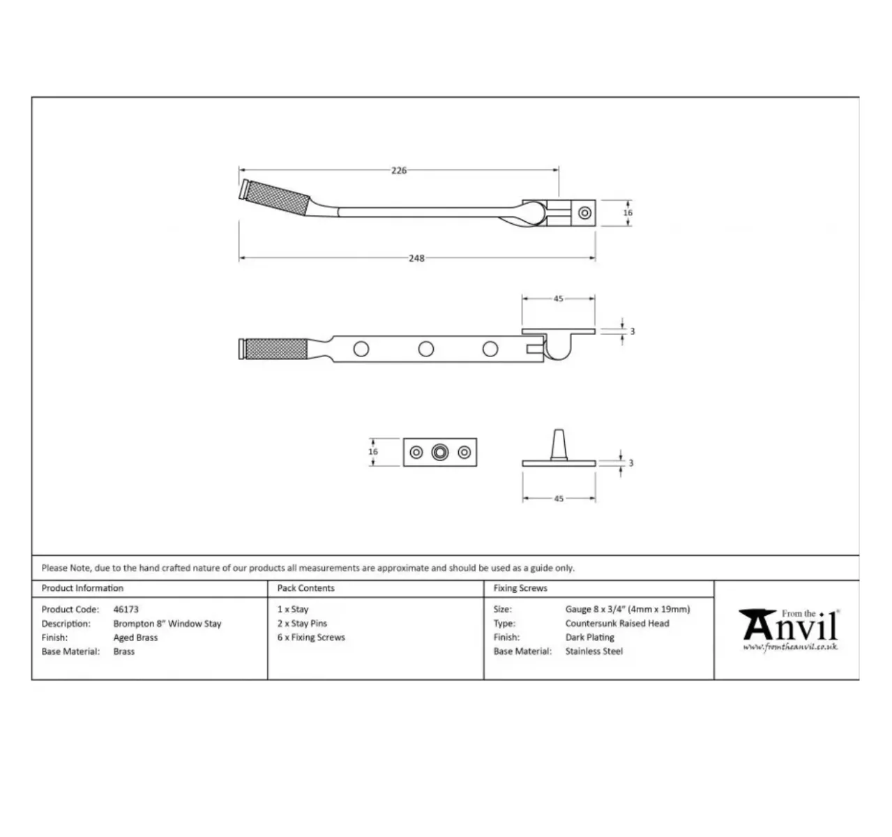 From The Anvil (8"") Aged Brass Brompton Casement Window Stay | 46173 4 From The Anvil (8"") Aged Brass Brompton Casement Window Stay | 46173 - Image 2