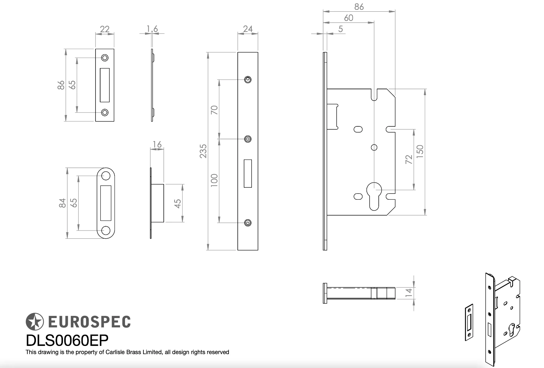 CARLISLE Satin Stainless Easi T Architectural DIN Standard Deadlock | DLS0060EPSSS 4 CARLISLE Satin Stainless Easi T Architectural DIN Standard Deadlock | DLS0060EPSSS - Image 2